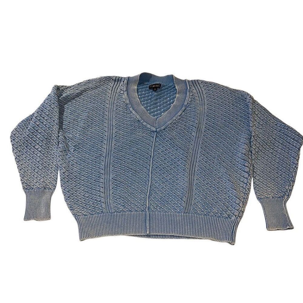 TIMING Blue V-neck Open Knit Daydreaming Oversized Pullover Sweater Ladies Small
